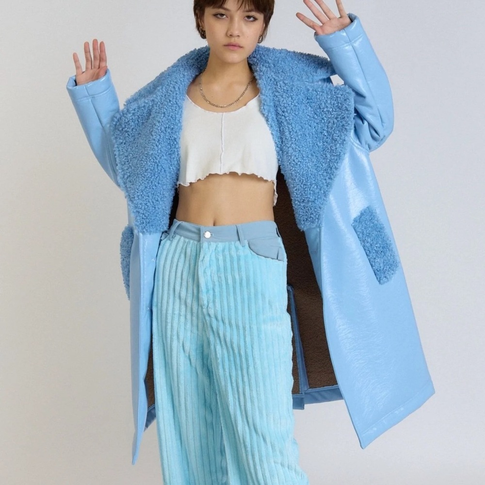 Somewhere Nowhere Shark Blue long faux leather coat